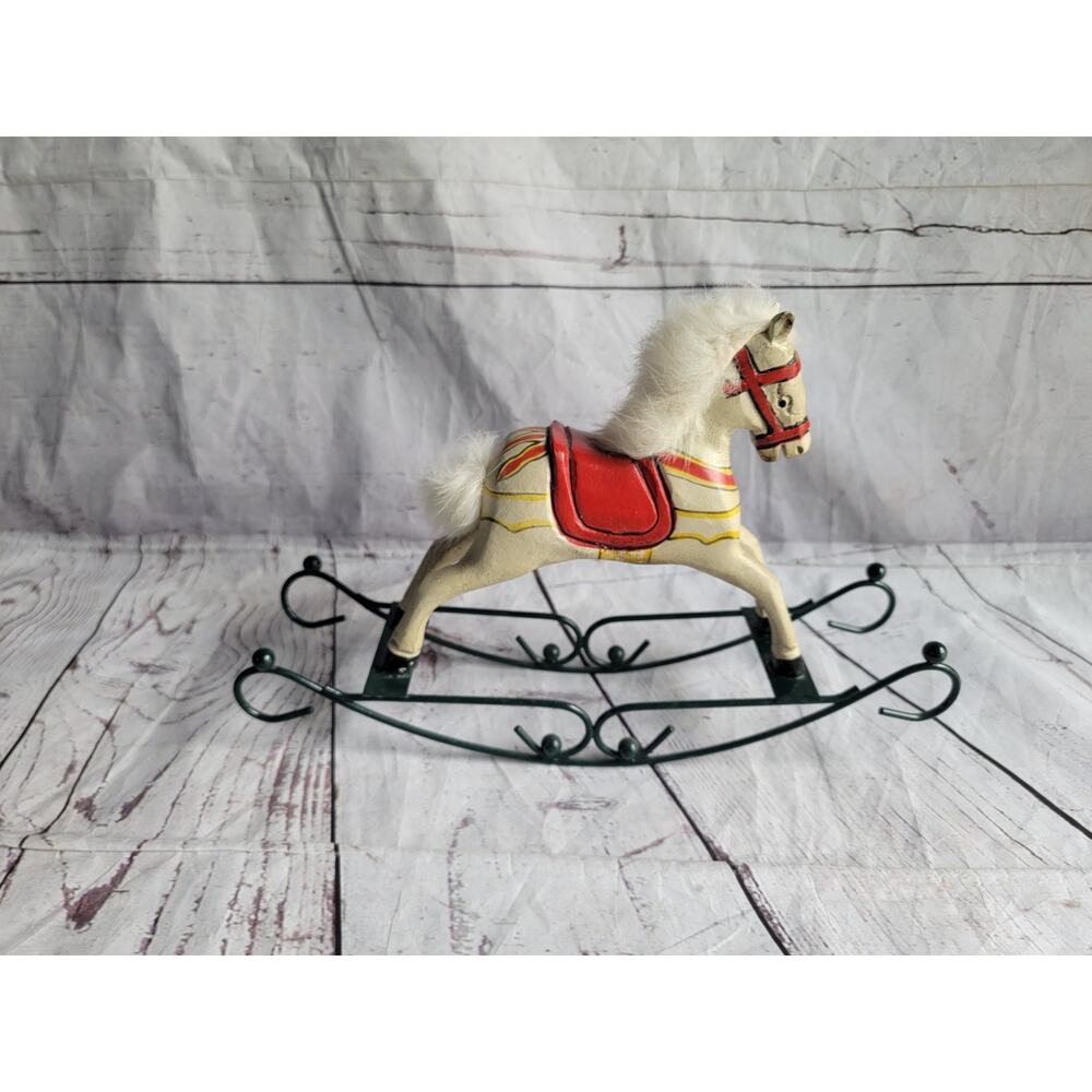 Vtg Rocking Horse Metal Rocker Painted Wood Tan & Red White Fur Mane Tail 12in